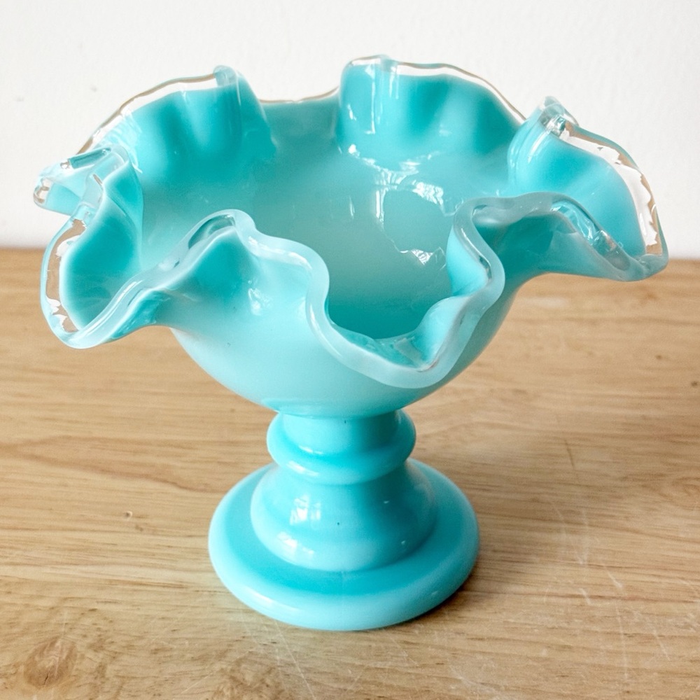 Vintage Fenton Silver Turquoise Crest Crimped Compote MCM Pedestal Bowl - Picture 5 of 16
